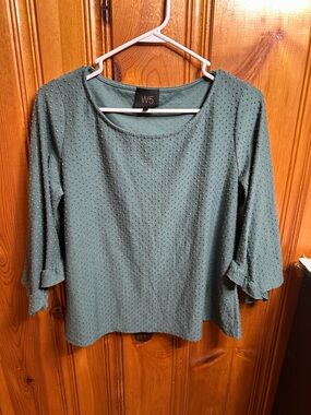W5 Olive Green Textured Scoop Neck Ruffle Sleeve Blouse